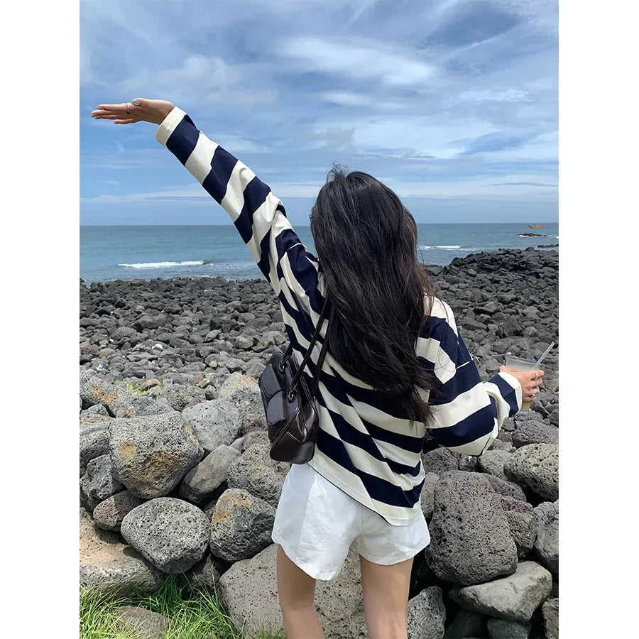 Loose Fit Striped Polo Sweatshirt