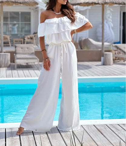 Off-Shoulder Frill Hem Jumpsuit