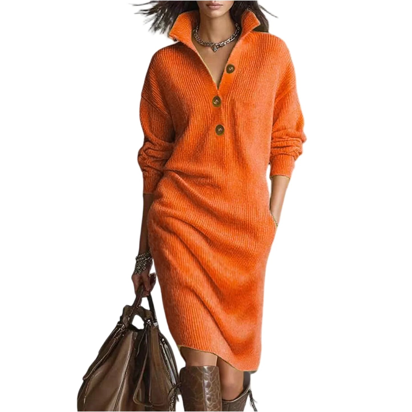 Casual Button Loose Mid-Length Knitting Sweater Dress