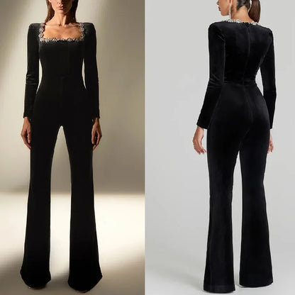 Black Velour Flare Jumpsuit