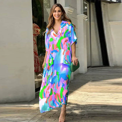 Vivid Bloom V-Neck Maxi Dress