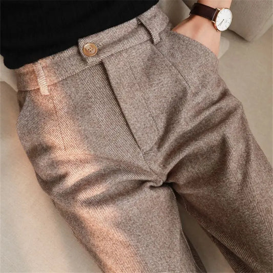 Women’s High-Waist Herringbone Slim Fit Trousers