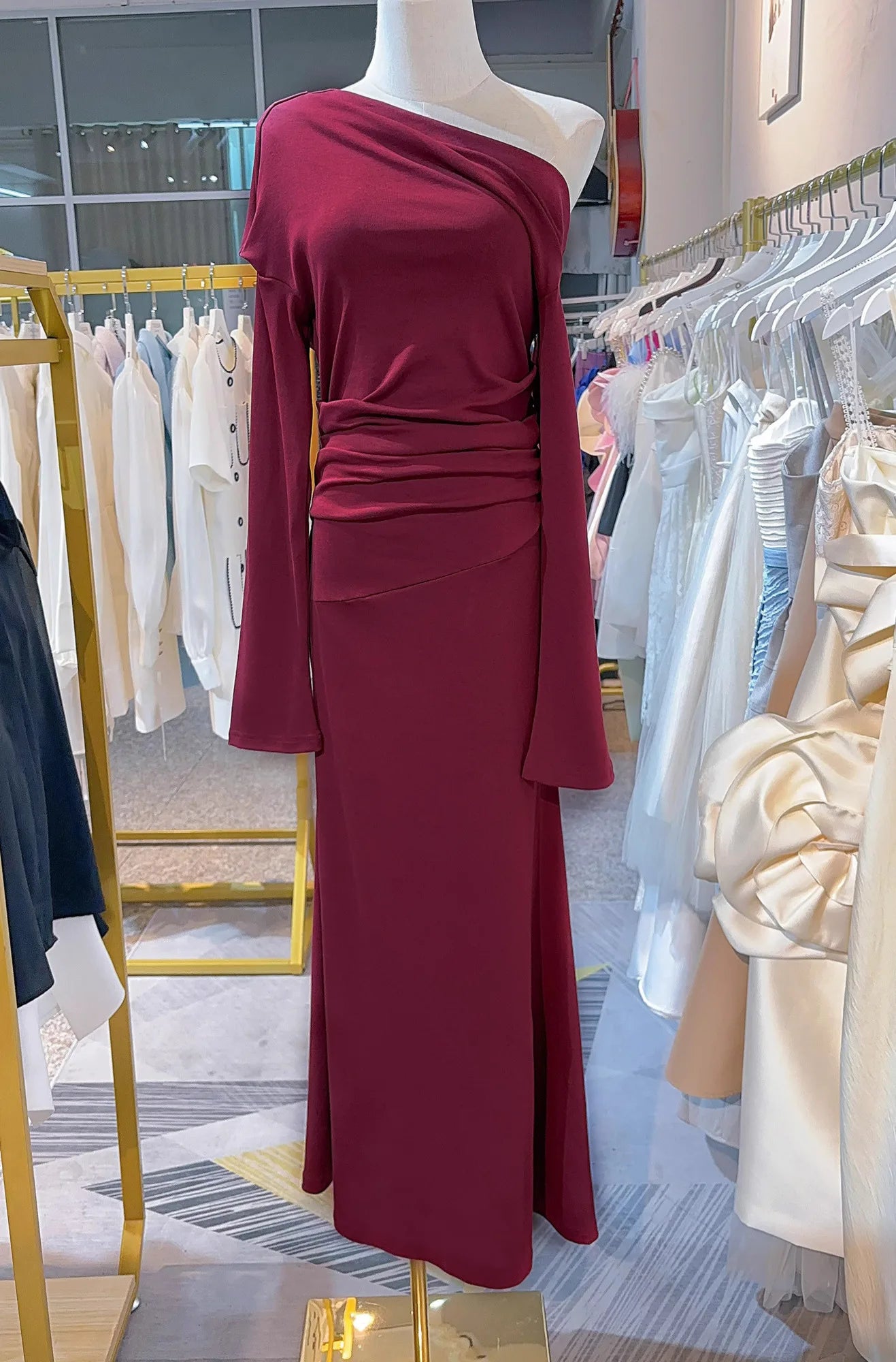 Crimson Drape One-Shoulder Knit Dress