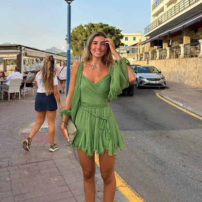 Chic Backless Pleated Tie Mini Dress