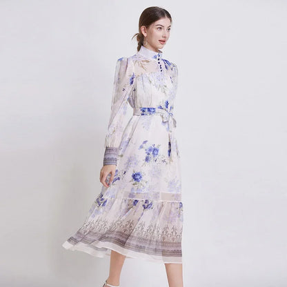 Floral Chiffon Waist Cinching Dress