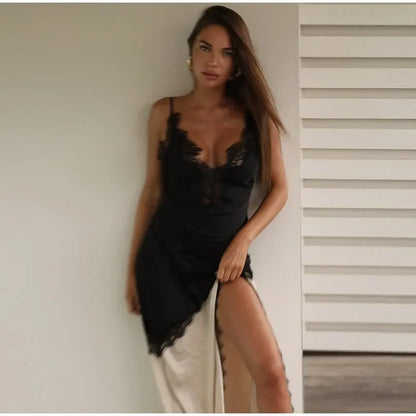 Satin Glow Lace Splice Dress