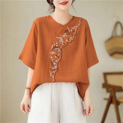 Lotus Whisper Embroidered Tea Blouse