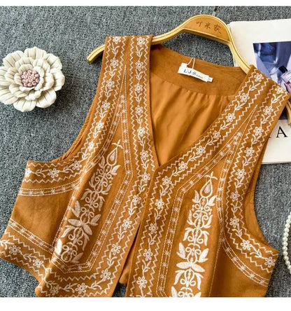 Retro Khaki Embroidered Travel Vest