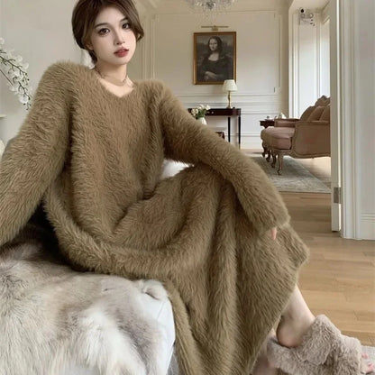 Winter Mink-Like Loose-Fit Knee-Length Dress