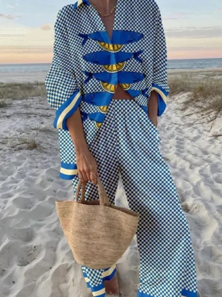 Tropical Print Lace-Up Pant Set