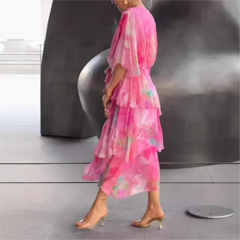 Elegant Ruffle Chiffon Lace-Up Dress