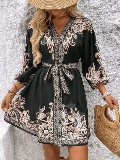 Golden Breeze V-Neck Tie Dress