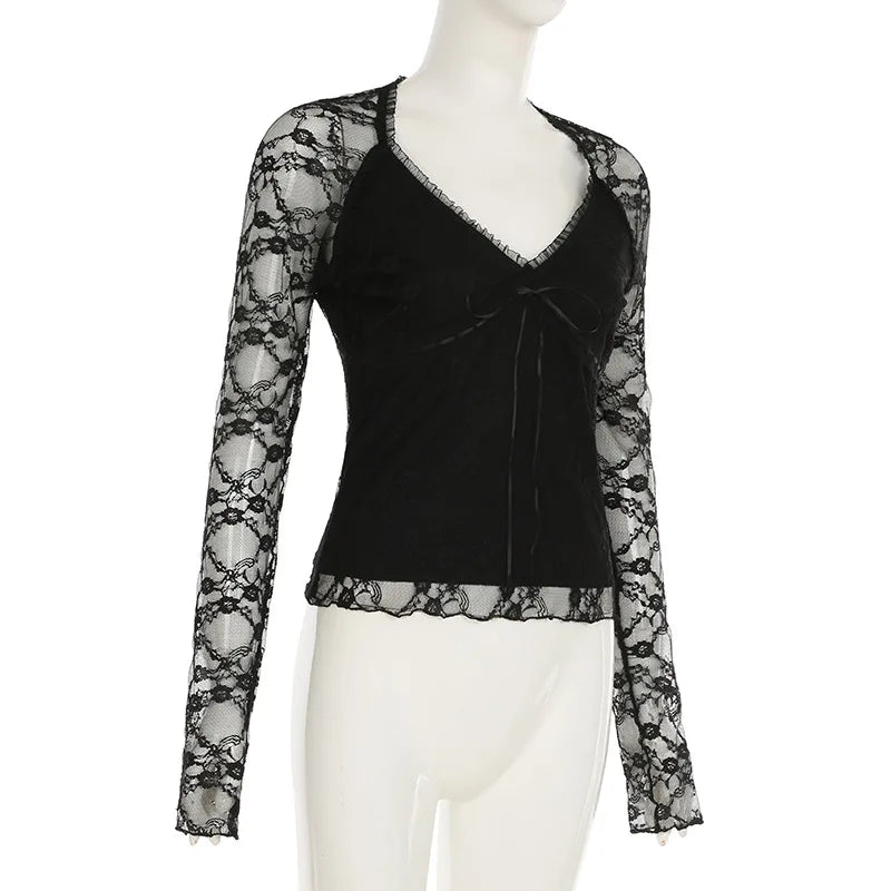 Goth Lace Sheer Patchwork Crop Top