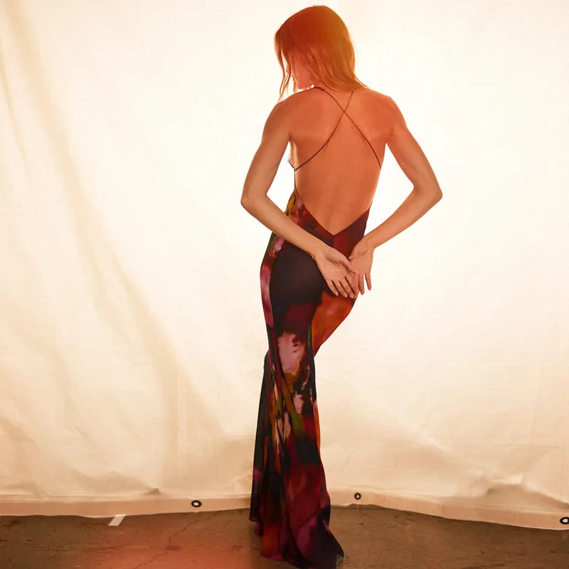 Elegant Floral Halter Maxi Gown