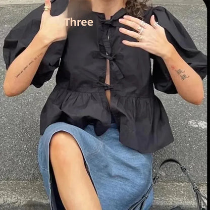 Striped Bow Puff Blouse