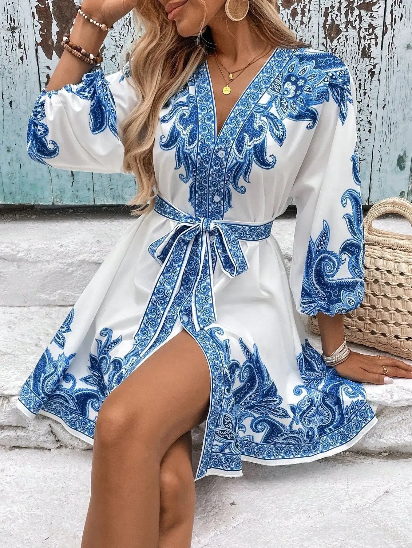 Golden Breeze V-Neck Tie Dress