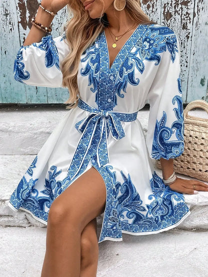 Golden Breeze V-Neck Tie Dress