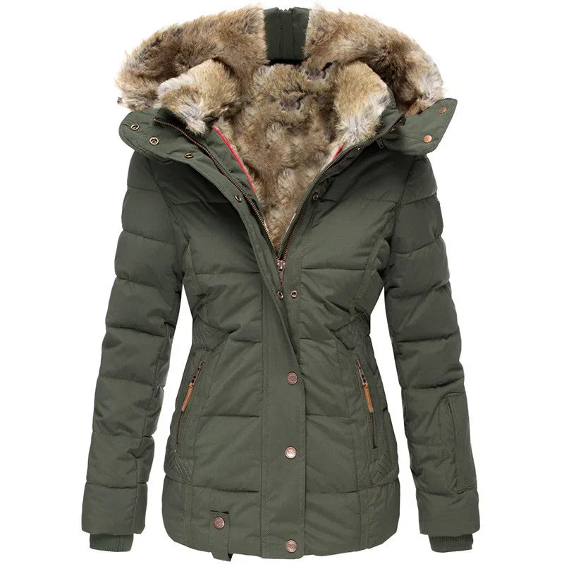Women’s Hooded Cotton Coat — Slim Warm Fur Collar Jacket