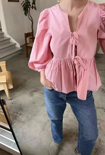 Striped Bow Puff Blouse