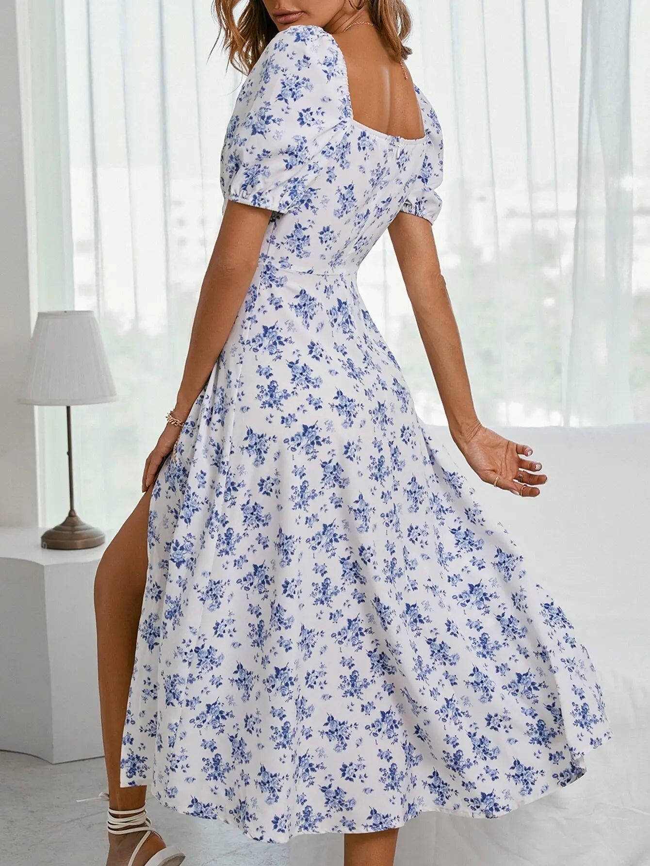 Elegant French Backless Floral Dress