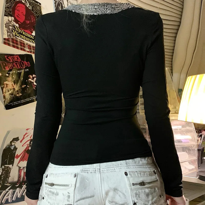 Glam Splice Sequin V-Neck Slim Top