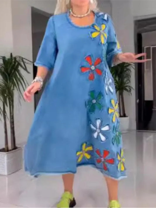 Elegant Floral Patch A-line Midi Dress