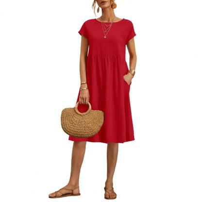 Women’s Vintage O-Neck Casual Summer Dress with Pockets