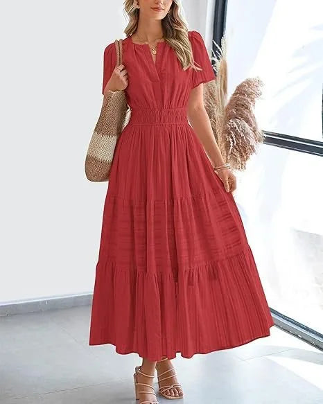V-Neck Puff Sleeve Beach Dress