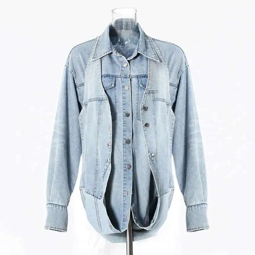 Deat Spliced Belt Denim Coat
