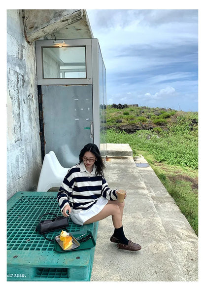 Loose Fit Striped Polo Sweatshirt