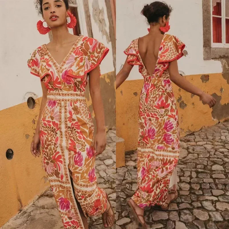 Backless Ruffle V-Neck Maxi Dress