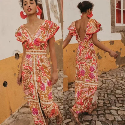 Backless Ruffle V-Neck Maxi Dress