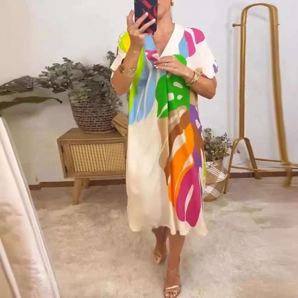 Printed V Neck Loose Summer Dress