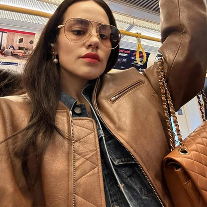 Vintage O-Neck Leather Jacket