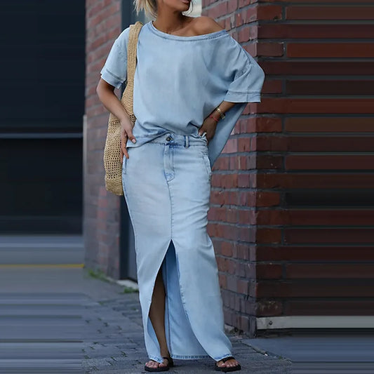 Elegant Denim Split Skirt Set