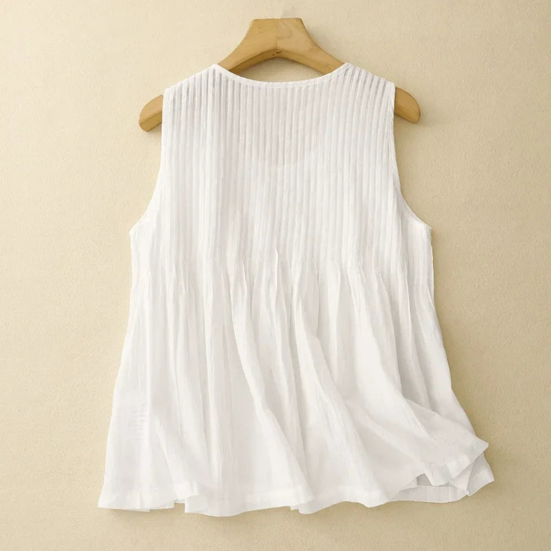 Pleated Cotton Linen Vest Top