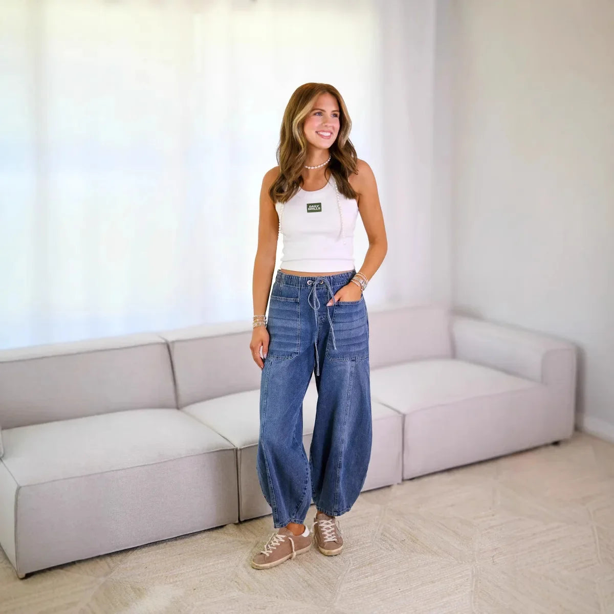 Lace Rise High Waist Denim Pants