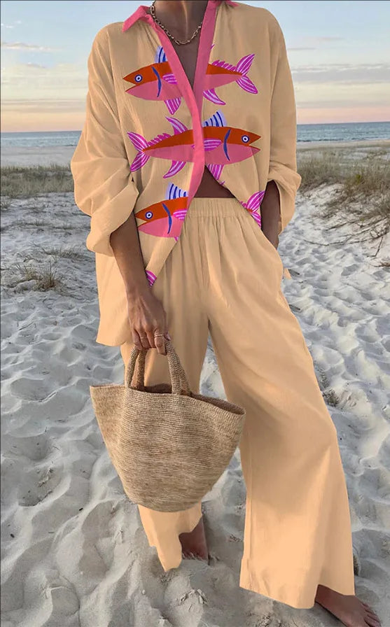 Tropical Print Lace-Up Pant Set
