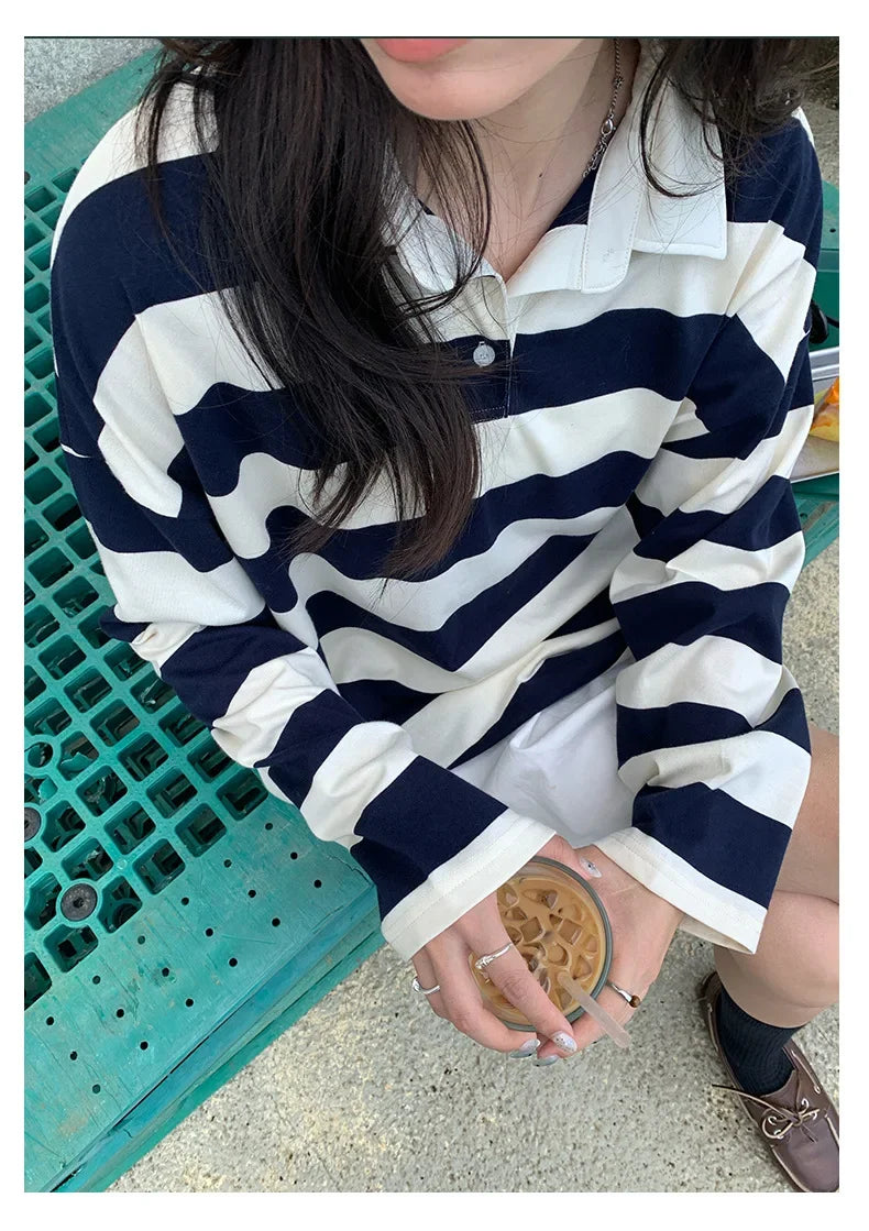 Loose Fit Striped Polo Sweatshirt
