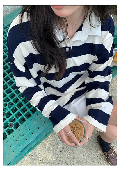 Loose Fit Striped Polo Sweatshirt