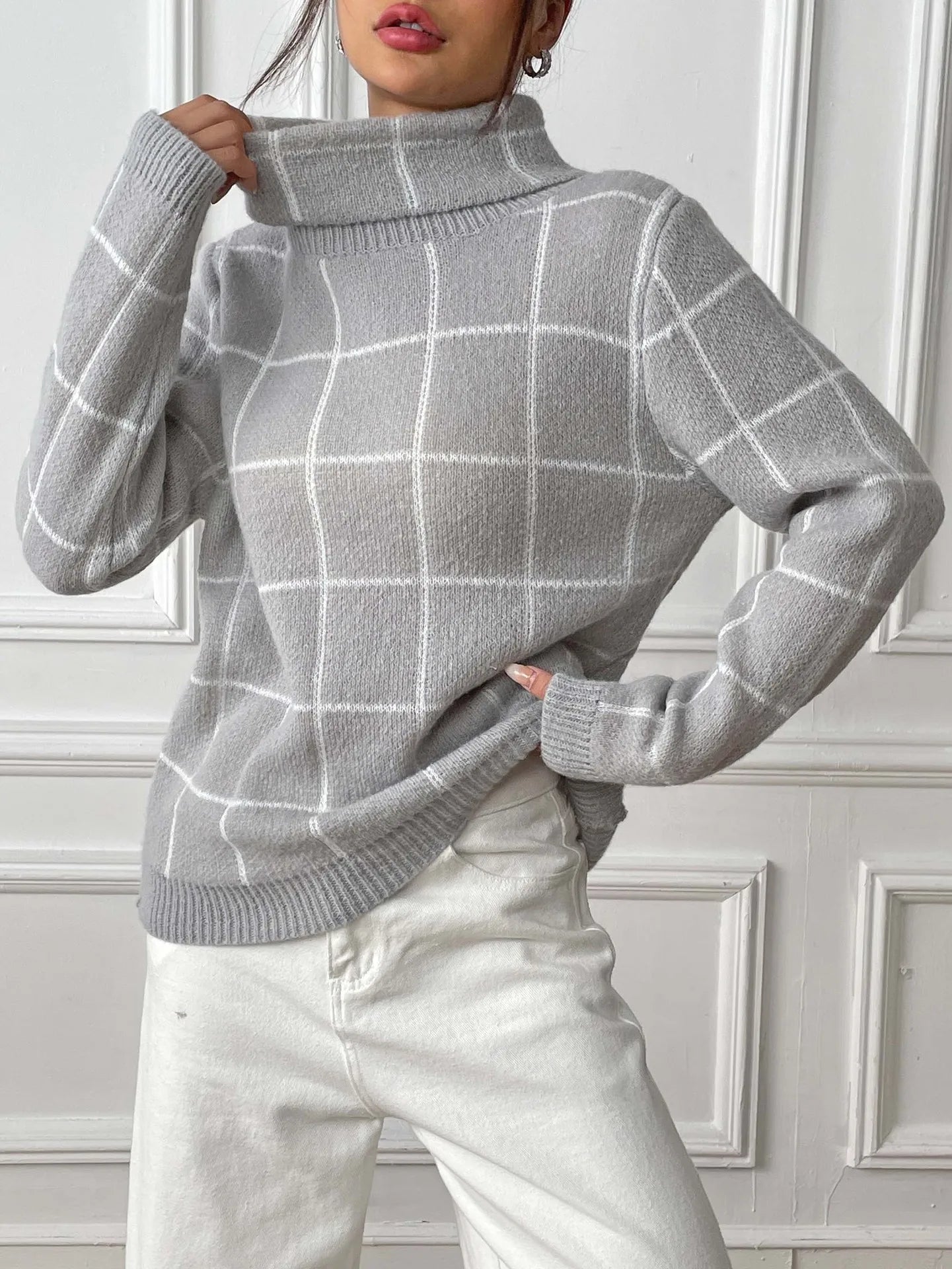 Plaid Muse Turtleneck Knit Sweater