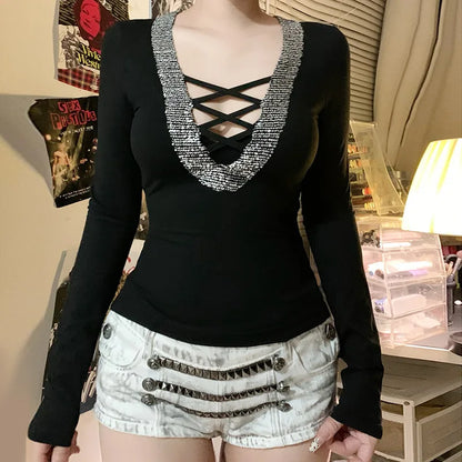 Glam Splice Sequin V-Neck Slim Top