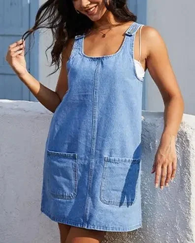 Solid Color Faux Denim Mini Dress