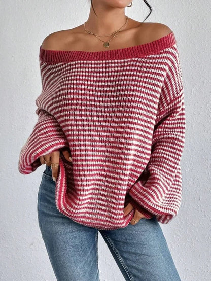 Stripe Lace Lantern Sleeve Knit Top