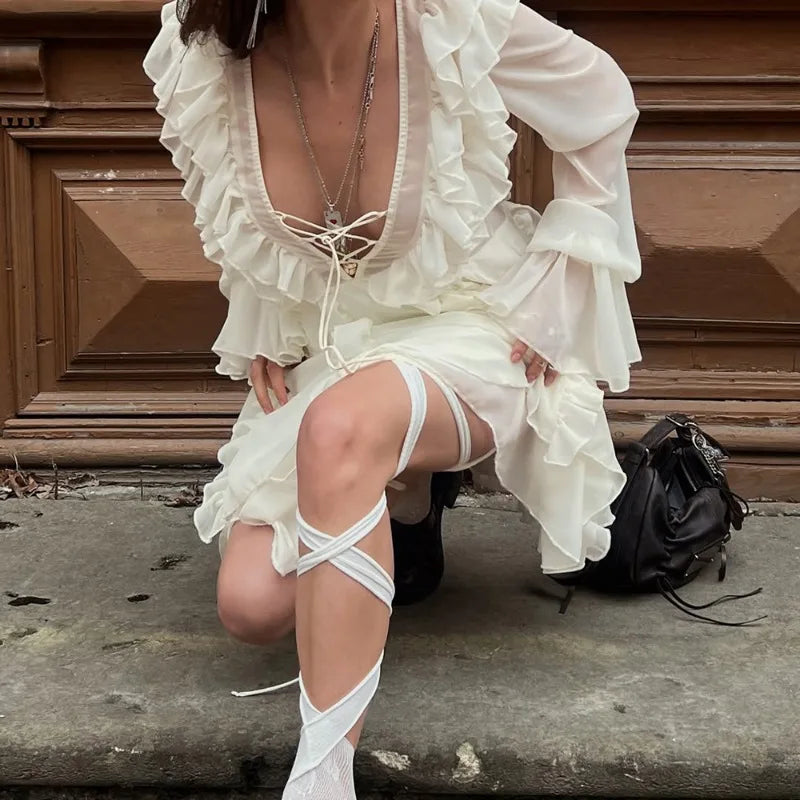 Sexy Sheer Lace Mesh Shirt Dress