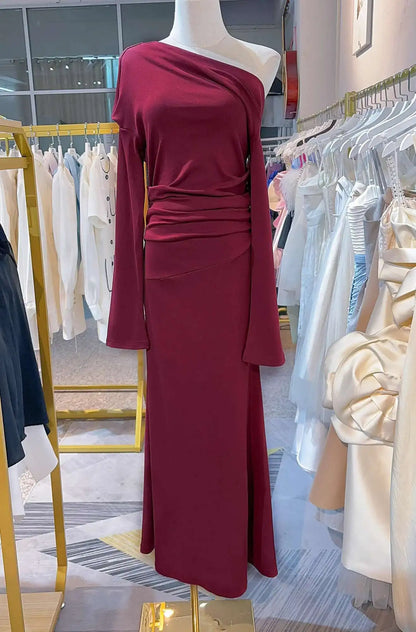 Crimson Drape One-Shoulder Knit Dress