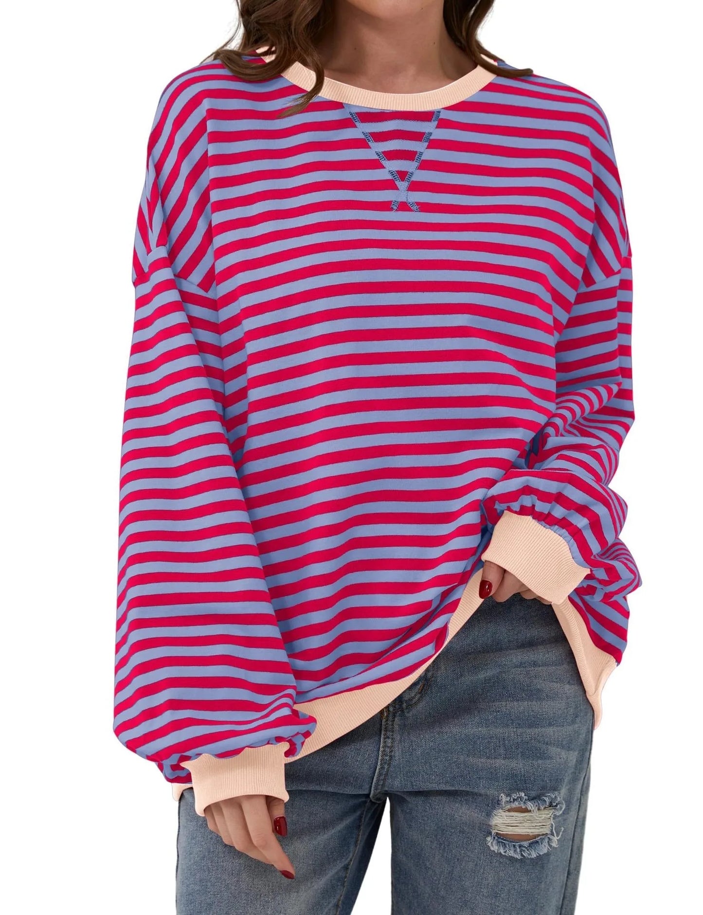 Women's Striped Crew Neck Long Sleeve Pullover Sweater for Fall/Winter Homewear