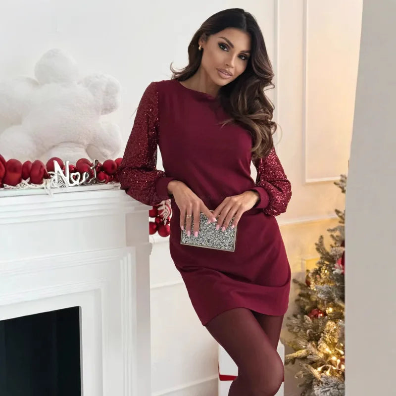 Sequin Patchwork Dress — Elegant Round Neck Midi