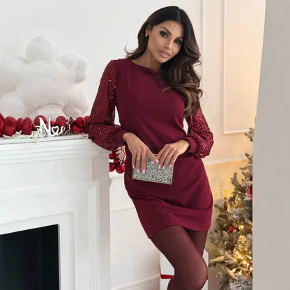 Sequin Patchwork Dress — Elegant Round Neck Midi