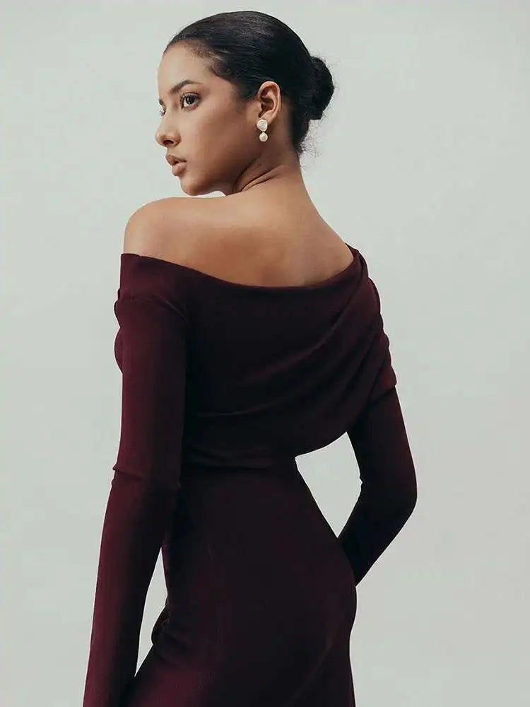 Crimson Drape One-Shoulder Knit Dress